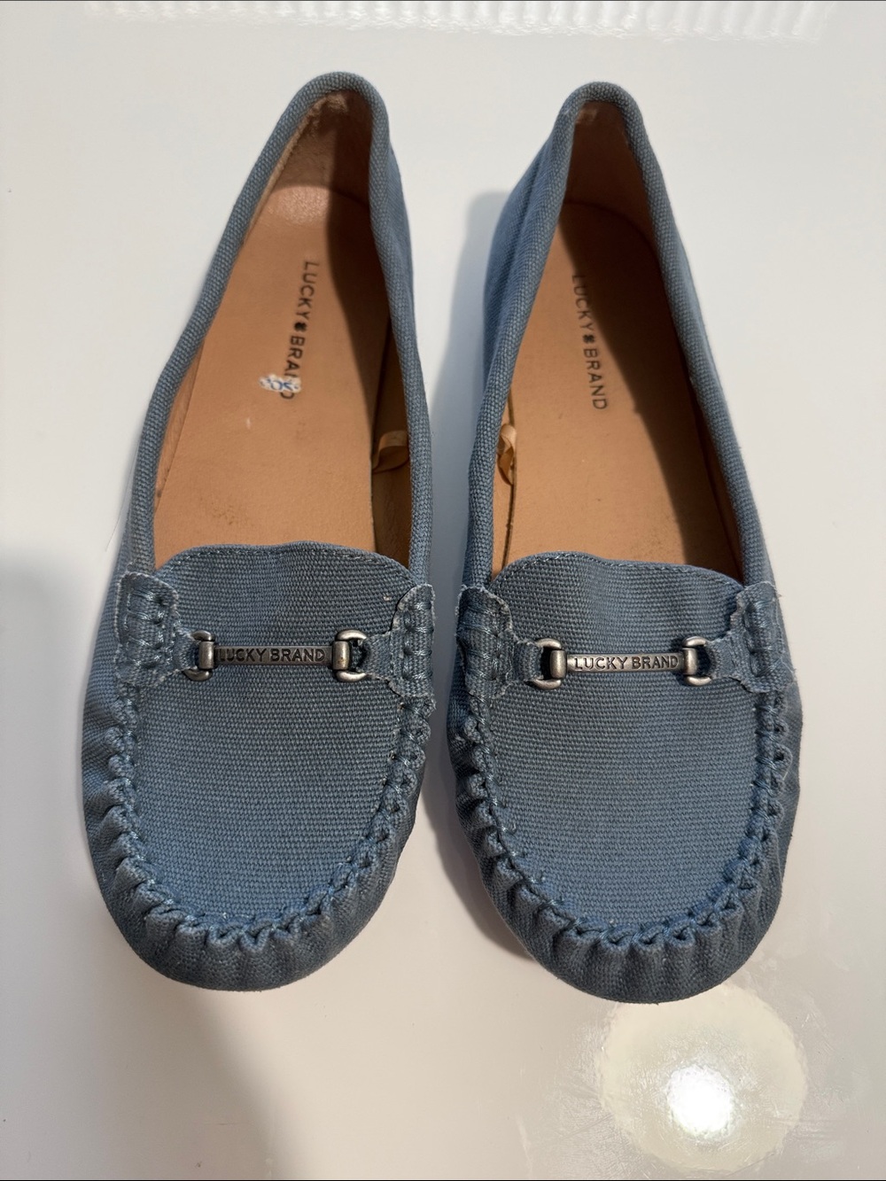 Lucky Brand Flats Loafers Womens 8 Abeeku Blue Canvas Moccasin Logo Bar